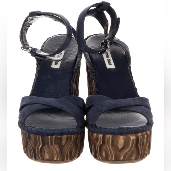 Miu Miu Suede Wooden Wedge Strappy Sandals - Picture 14 of 14